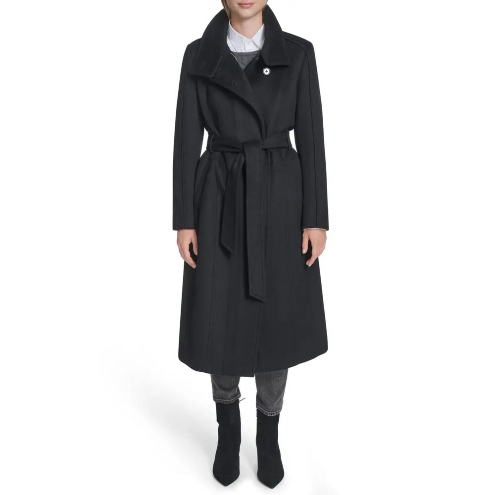 Cole Haan NWT Slick Zip Wool Blend Trench Longline Coat Black Size 2 New